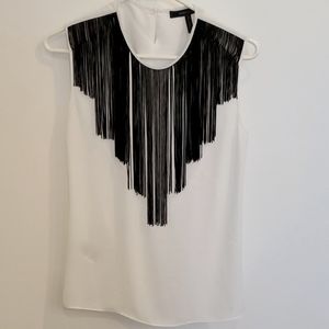 Bcbg Maxazria White Sleeveless Top With Black Fringe Size XS